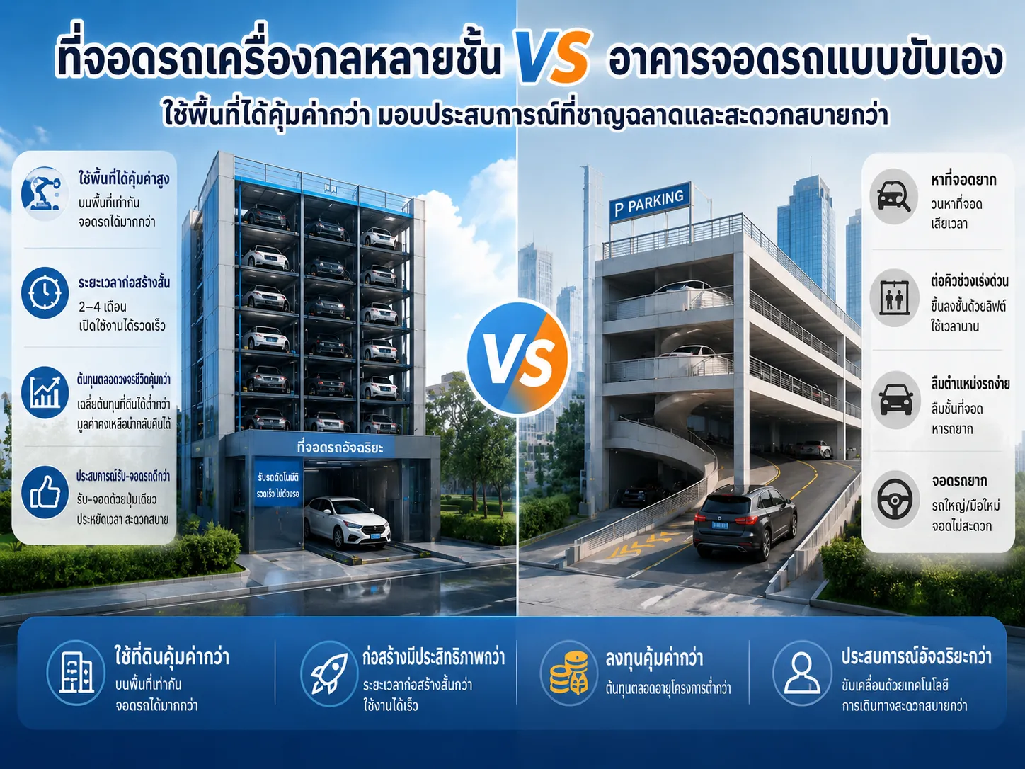 ระบบจอดรถอัตโนมัติแบบใช้กลไกกับอาคารจอดรถแบบขับเอง: แบบไหนเหมาะกับการจอดรถในเขตเมืองมากกว่ากัน?